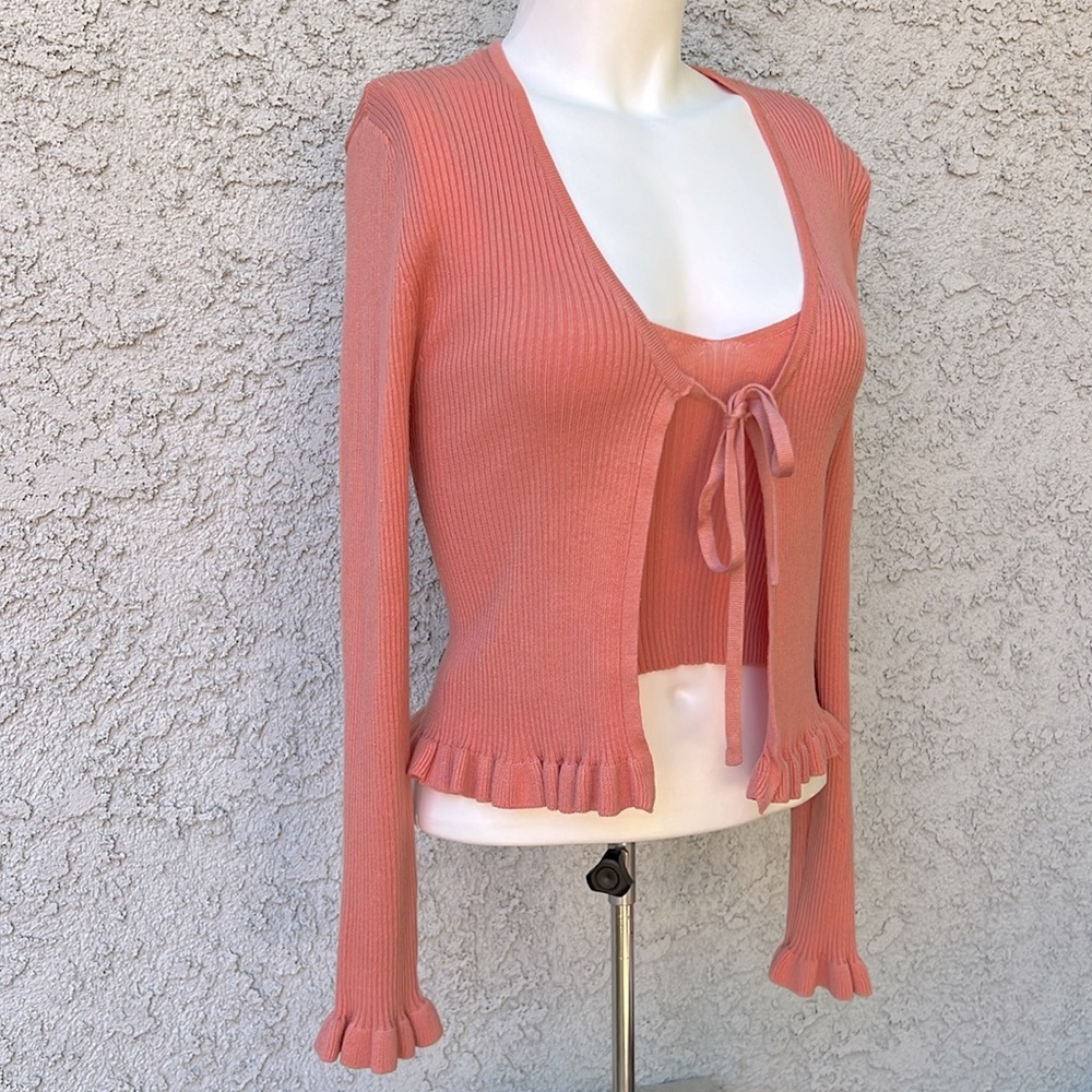 Twine and String Ribbed Knit Cardigan and Cami Tank Top 2pc Matching Set Coral